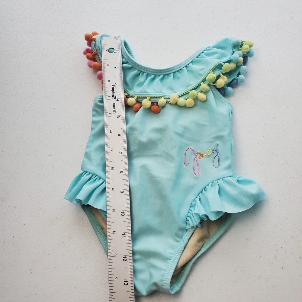 Juicy Couture girls' blue one-piece swimsuit, size 12 months, blue with‎ rainbow